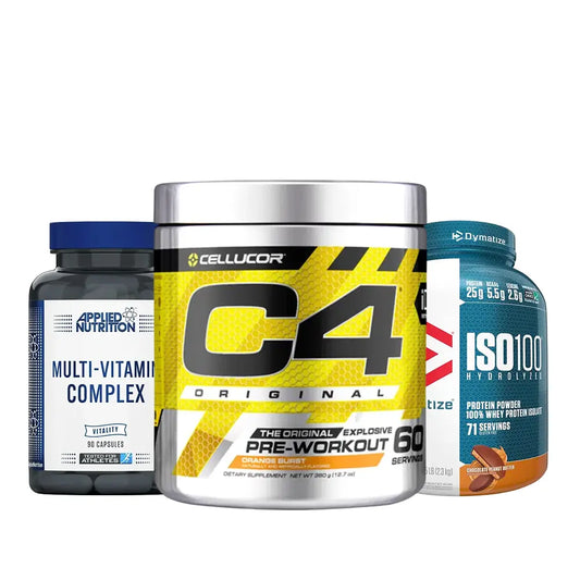Dymatize ISO 100 Protein + Applied Nutrition Multi Vitamin Complex 90 Capsules + Cellucor C4 Pre-Workout